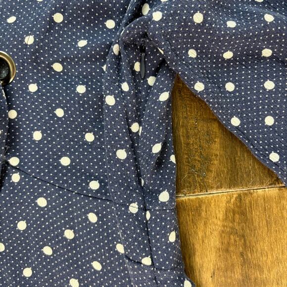 70s Navy Blue Polka Dot Long Sleeve Mini A line Dress, keyhole front tie, V Neck - Picture 5 of 16